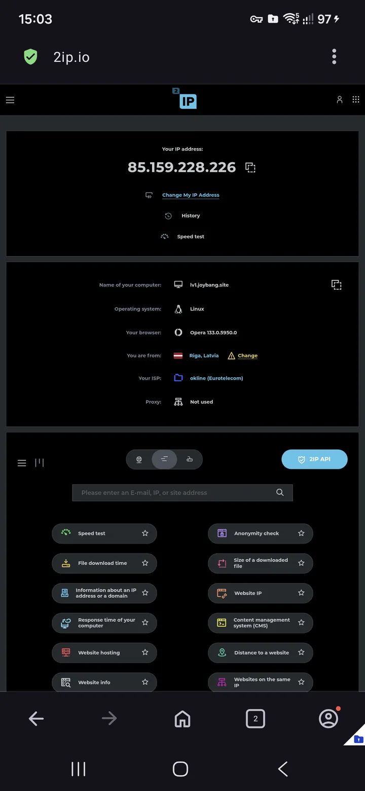 Happ для Android — Зайдем на 2ip.io и приложение speedtest для замера скорости.