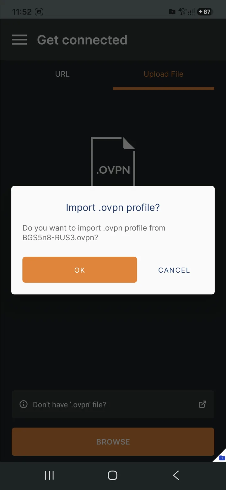 OpenVPN Connect для Android — На примере продемонстритрую локацию Россия, Москва. Выберем файл .ovpn (BGS5n8-RUS3).
