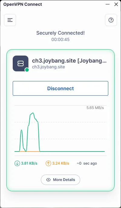 OpenVPN Connect для ПК — 6. После успешного подключения вы сможете увидеть передаваемый через туннель трафик, а также IP адрес под…