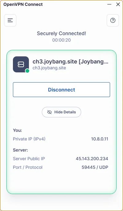 OpenVPN Connect для ПК — 6. После успешного подключения вы сможете увидеть передаваемый через туннель трафик, а также IP адрес под…