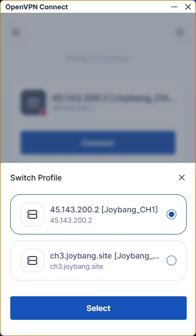 OpenVPN Connect для ПК — 8. Навигация между профайлам осуществляется через меню «Switch Profile».