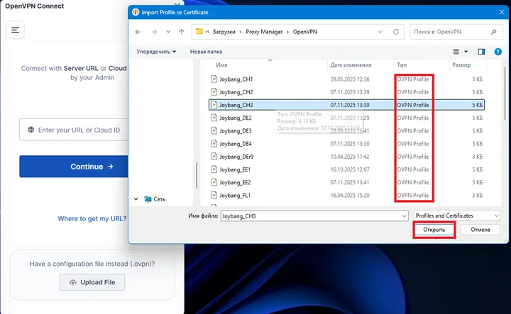 OpenVPN Connect для ПК — 4. Выбираем нужный файл, ориентируясь на его расширение .ovpn