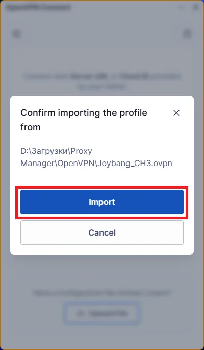 OpenVPN Connect для ПК — После чего подтверждаем импорт файла.