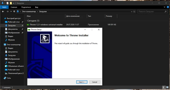 Throne для Windows — Покажу на примере архива Throne-1.2.1-windows-universal-installer.exe. Скачиваем и устанавливаем клиент.