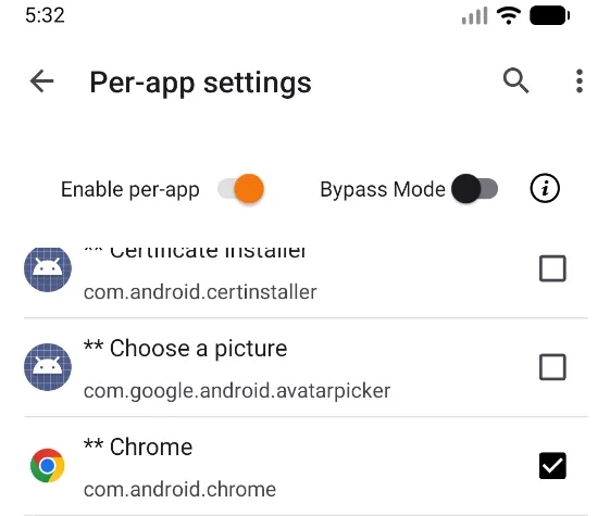 v2rayNG для Android — Можно выбрать VPN трафик для конкретных приложений. Для примера я выберу браузер Chrome.