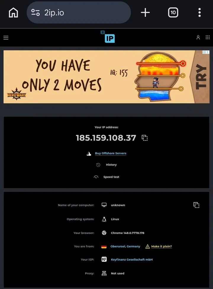 v2rayNG для Android — Открываем Chrome и перейдем по адресу 2ip.io.